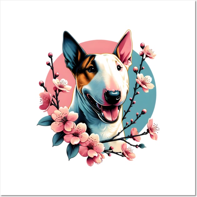 Miniature Bull Terrier Celebrates Spring Cherry Blossoms Wall Art by ArtRUs